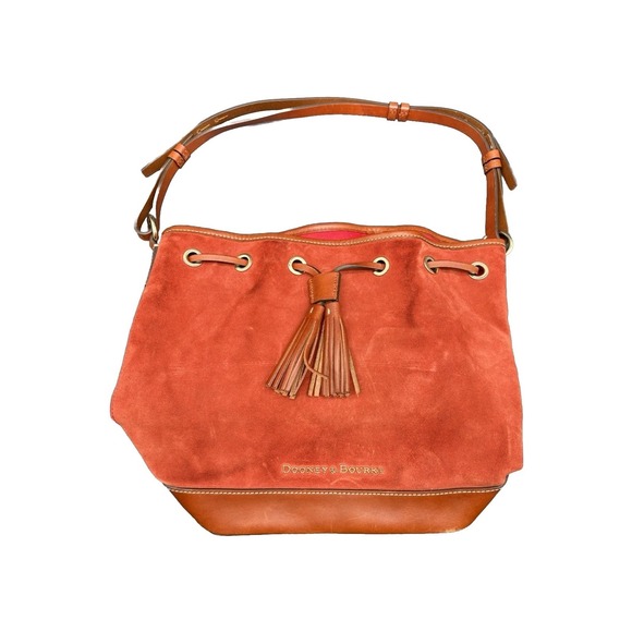 Dooney & Bourke Handbags - Dooney & Bourke Suede Drawstring Bucket Bag Orange Rust Tassel Leather Vintage